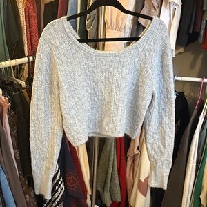 Cozy Dusty Blue Off-the-Shoulder Cable Knit Sweater